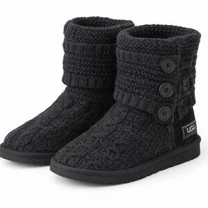 UGG Black Knit Shearling Boots | Button Detail | Cozy Winter Boots | US 7